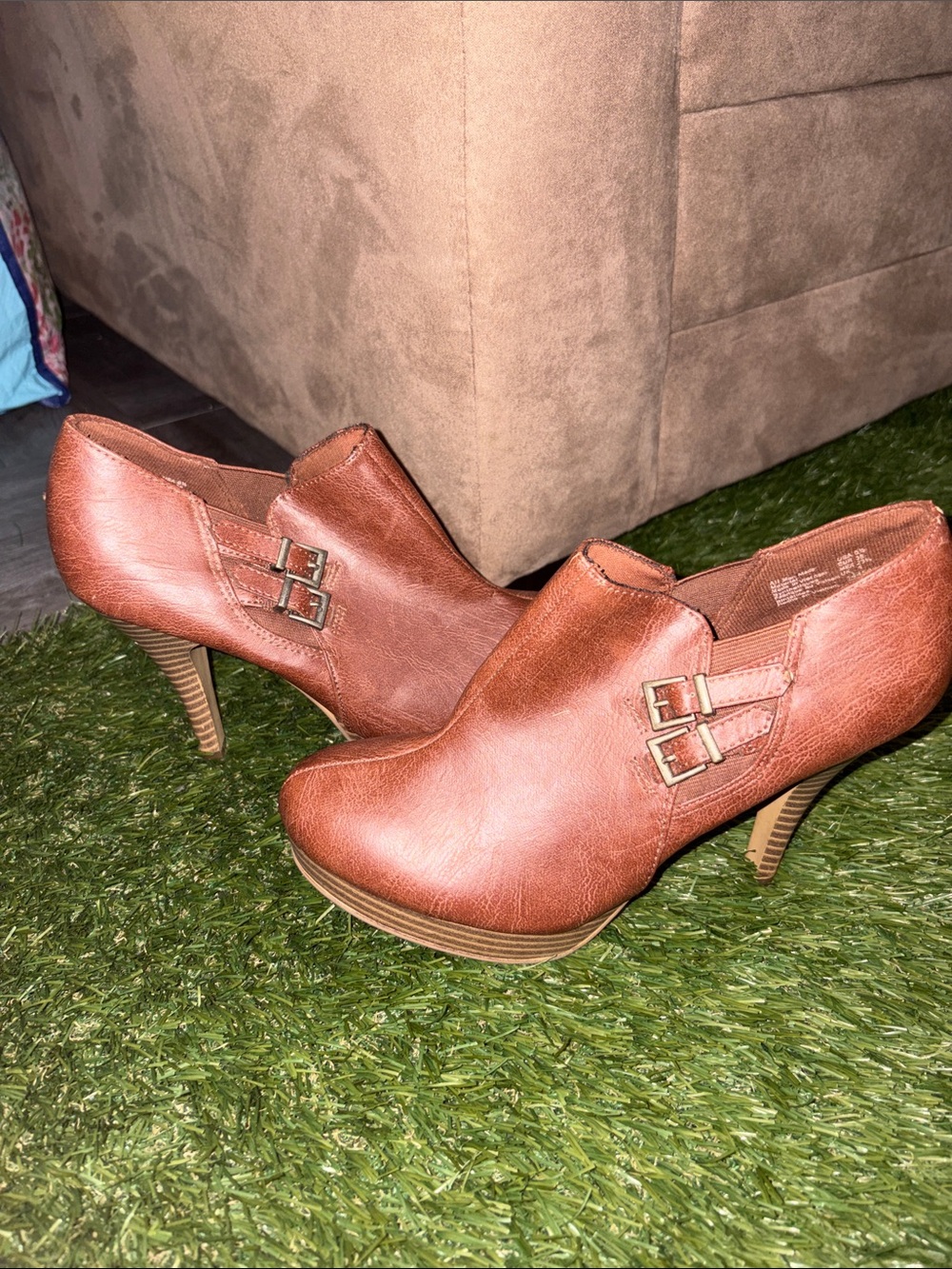 Women's Brown Leatherette Heeled Booties with Buckle Detail